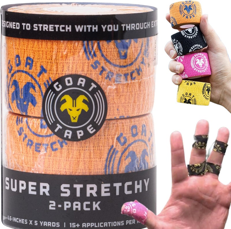 Goat Tape Super Stretchy Thumb Tape - Weightlifting Hook Grip Tape & WOD Tape for Cross Training, Gym Workout Tape, Athletic Finger Wrap - Flexes with Every Move - 15 Feet per Roll (Orange 2-Pack) - Image 1